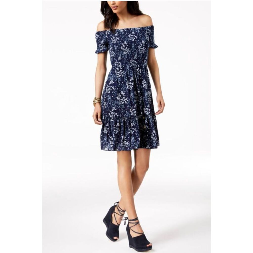 MICHAEL KORS Smocked Navy Blue White Floral Off-Shoulder Mini Dress Womens XS